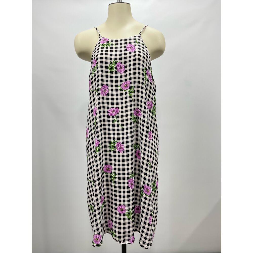 Everly Black‎ White Check Purple Flowers Spring Easter Sleeveless Swing Dress